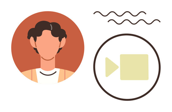 Person avatar beside video camera icon with abstract lines, symbolizing communication, media, creativity. Ideal for networking, video calls, media usage, user profile, branding digital connection
