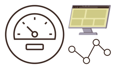 Poster - Speedometer for performance tracking, computer monitor with data display, and line graph for analytics. Ideal for productivity, analysis, technology, monitoring, performance, efficiency and progress