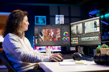 Poster - Cheerful video editor polishing raw footage, applying modern editing techniques in order to enhance clarity. Upbeat videographer working for media production company, adjusting clips