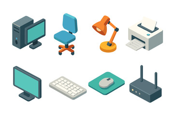 Office equipment in isometric design featuring computer setup and accessories