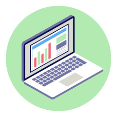 Poster - Isometric laptop with graph on green background silhouette vector illustration