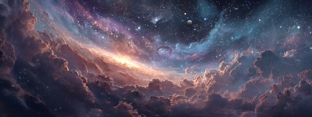 Wall Mural - Colourful Cosmic Galactic Space Background banner - Vibrant deep space panoramic view with many different stars, planets and cloud formations