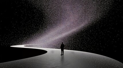 Wall Mural - Navigating the Unknown: A lone figure stands on a path that merges into a cosmic scene, with nebulas and galaxies. This image captures a sense of wonder and introspection.