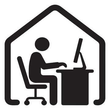 Stylized black silhouette icon depicting a person sitting at a desk with a computer inside a house outline symbolizing remote work or home office