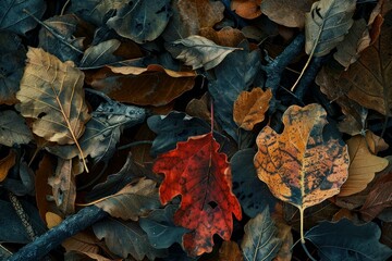 Poster - Vibrant fallen leaves create a colorful tapestry on the forest floor, showcasing the beauty of autumn