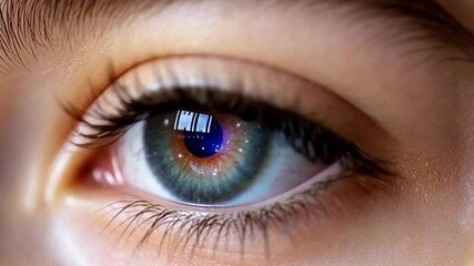 Wall Mural - close-up of an eye with a galaxy reflected in the iris with blue and gold hues and a human eye with 