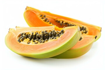 Poster - Papaya fruit cut into slices, displaying vibrant orange flesh, numerous small black seeds, and a green exterior, isolated on white