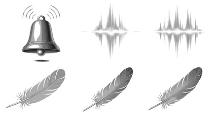 Poster - Illustration featuring a ringing bell, sound waves, and three feathers in a grayscale arrangement