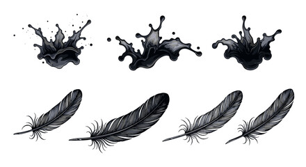 Poster - Illustration showing three ink splashes and four feathers in a monochrome black and white drawing style