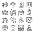 © Crank - Public health awareness line art icons. megaphone with heart, community outreach, health poster, info brochure, hand-raising crowd, public screening, health fair tent, awareness
