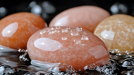 Wall Mural - A close-up of smooth river stones with crystal-clear water gently flowing over them
