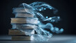 © Art_spiral - Stack of printed books transforming into glowing digital data particles representing knowledge transfer innovation e learning and future of technology in education and publishing industries