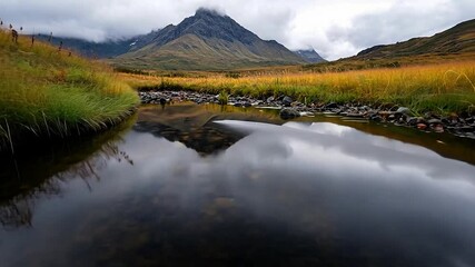 Wall Mural - scenic landscape video featuring a tranquil stream reflecting a mountain peak. the scene includes a 