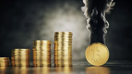 Aufkleber - Stacks of Shiny Gold Coins with Bitcoin on Reflective Surface Against Dark Smoky Background Financial Growth Concept
