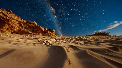 Wall Mural - desert landscape under a starry night sky dunes foreground cliffs and vegetation in the background n