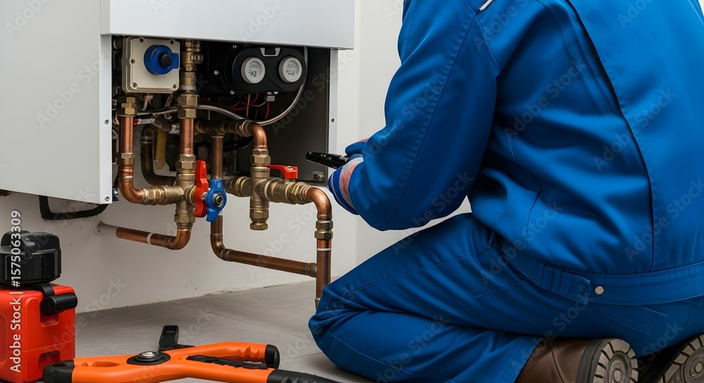 Professional Technician in Blue Overalls Servicing a Residential Gas ...