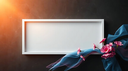 Poster - A white rectangular frame is decorated with pink flowers and flowing blue silk against a dark background with a soft light, creating a modern and elegant floral design