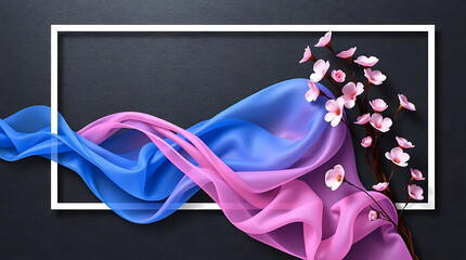 Poster - A delicate arrangement of pink cherry blossoms and flowing blue and pink silk adorns a white frame against a textured dark background