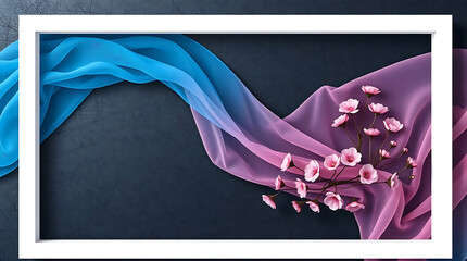 Poster - A delicate arrangement of pink blossoms and flowing silk fabric adorns a white frame against a textured backdrop, creating an elegant and romantic composition