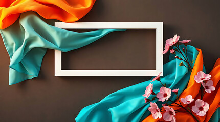 Poster - A vibrant composition featuring a white frame surrounded by flowing turquoise and orange silk, accented with delicate pink flowers, against a neutral backdrop