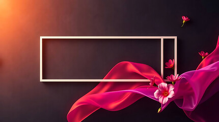 Poster - A modern frame is accented by flowing pink fabric and delicate flowers, creating a luxurious and elegant backdrop for showcasing products or designs