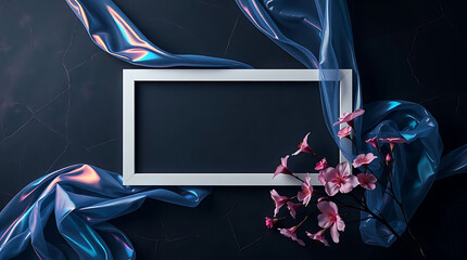Poster - A sophisticated frame is embellished with soft pink blossoms and iridescent blue fabric, offering a luxurious and artistic touch to any design project