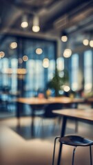 Poster - Minimalist office interior revealing elegant stool against blurred professional workspace, embodying contemporary design serenity