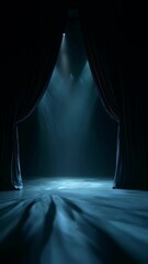 Wall Mural - Red velvet curtains frame an empty stage bathed in shifting colors of light, creating a dramatic and evocative atmosphere for a performance or presentation