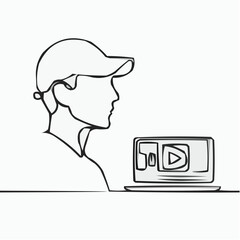 Poster - Young man with laptop watching video in minimal line art style  
