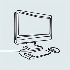 Poster - Line art illustration of computer monitor and keyboard with mouse  
