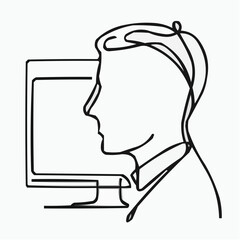 Poster - Line art of a man sitting at a computer in minimal style  