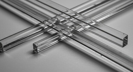 Poster - Intersecting clear rectangular bars on a light gray background.  Close-up view of their form