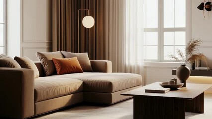 Leinwandbilder - Sunlight progressively illuminates a modern and cozy living room, featuring a beige sofa, coffee table, floor lamp, and decorative elements, creating a warm and inviting atmosphere