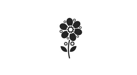 Poster - Illustration of a black flower with gear and leaf elements on white background