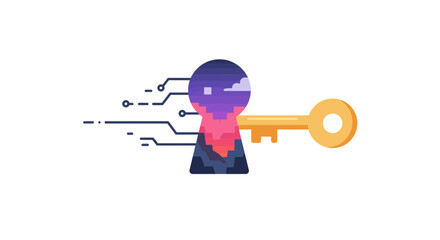 Poster - Illustration of a keyhole filled with a landscape and a golden key