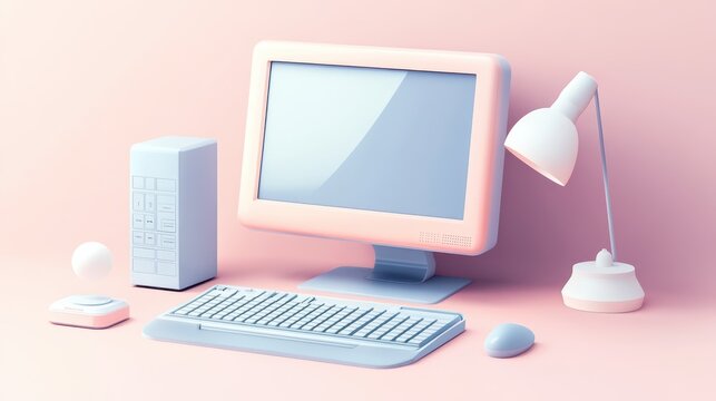 Pastel-toned computer set on a pink surface.