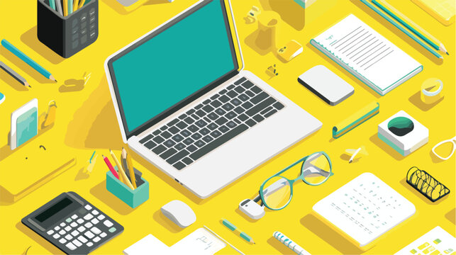 Isometric Style Digital Workspace with Laptop