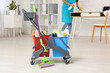 © Pixel-Shot - Female janitor with trolley and cleaning supplies cleaning office