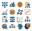 © Mihail - Machine Learning & AI modern flat .Neural network, training model icon, machine brain, algorithm gear, data prediction arrow, AI chip, supervised learning icon, unsupervised