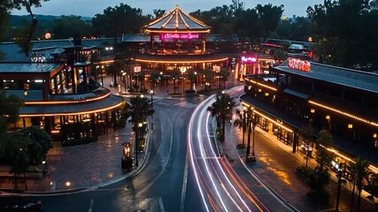 Wall Mural - aerial night view capturing illuminated asian-style buildings and streets with light trails and vibr