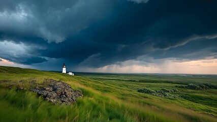 Wall Mural - dramatic coastal landscape video featuring a white lighthouse under a stormy sky with dark blue clou