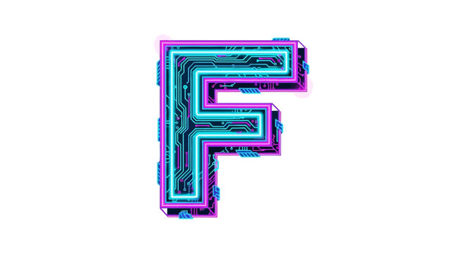 Vector futuristic neon letter f alphabet design technology circuit board style glowing font for digital artwork