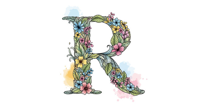 Vector floral letter r watercolor design, botanical alphabet illustration, flower initial r for wedding decor