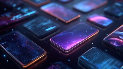 Poster - Enchanting view of interconnected glowing smartphones surrounded by vibrant holographic layer designs and abstract data visualizations all set in a dark blue digital landscape that