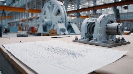 Poster - Mine hoist mechanical drawing pinned beside motor unit in service bay