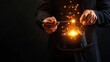 © RATAN - A magician performing a trick with a wand and a top hat with sparkling lights on a dark background