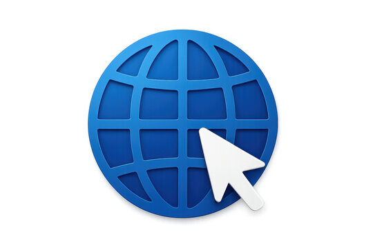 White mouse cursor clicking a blue globe, representing global internet connectivity and browsing, with transparent background