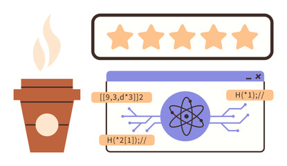 Coffee takeaway cup, browser window with atom symbol and circuits, coding elements, 5-star rating bar. Ideal for technology, coding, science, innovation, feedback creativity simple flat metaphor