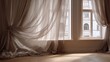 © Sarawut - Soft curtain blowing in wind, neutral room tones, elegant mood