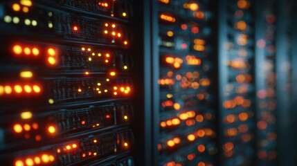 Aufkleber - A closeup glimpse of a dimly lit server room focusing on glowing LED indicators of various servers creating a mesmerizing pattern of light that represents connectivity and digital communication.